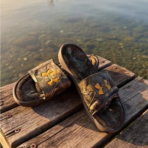 Under Armour Camo Slides with Orange Accent